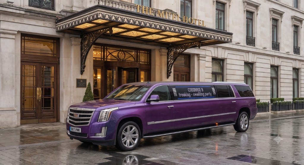 Purple Cadillac Escalade stretch limousine