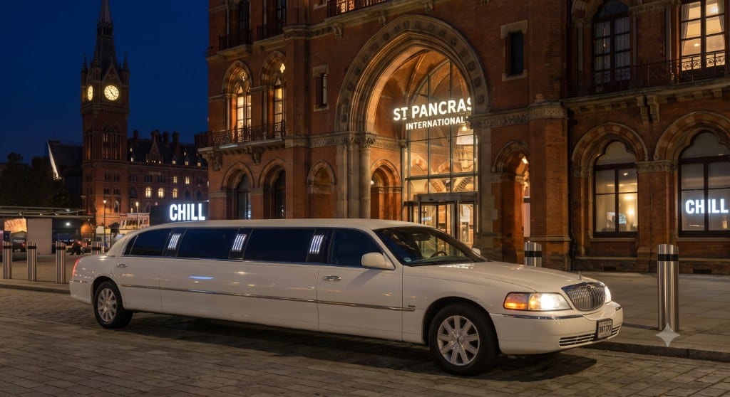 White Lincoln stretch limousine at night