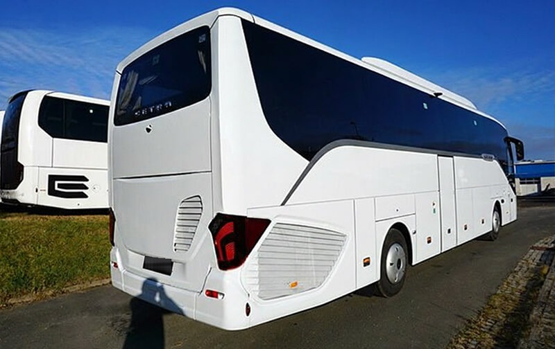 White Setra coach, rear three-quarter view