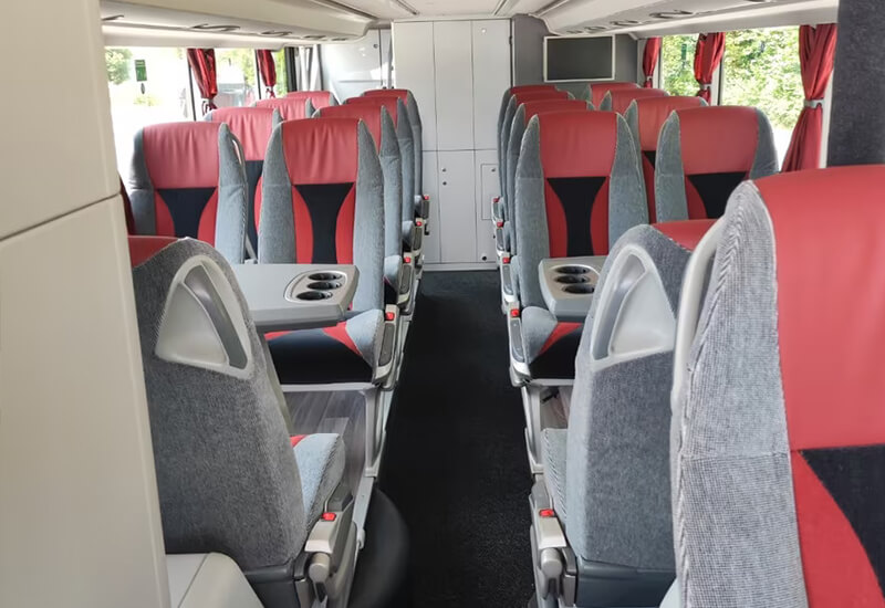 Setra double-deck coach cabin with red and gray seats
